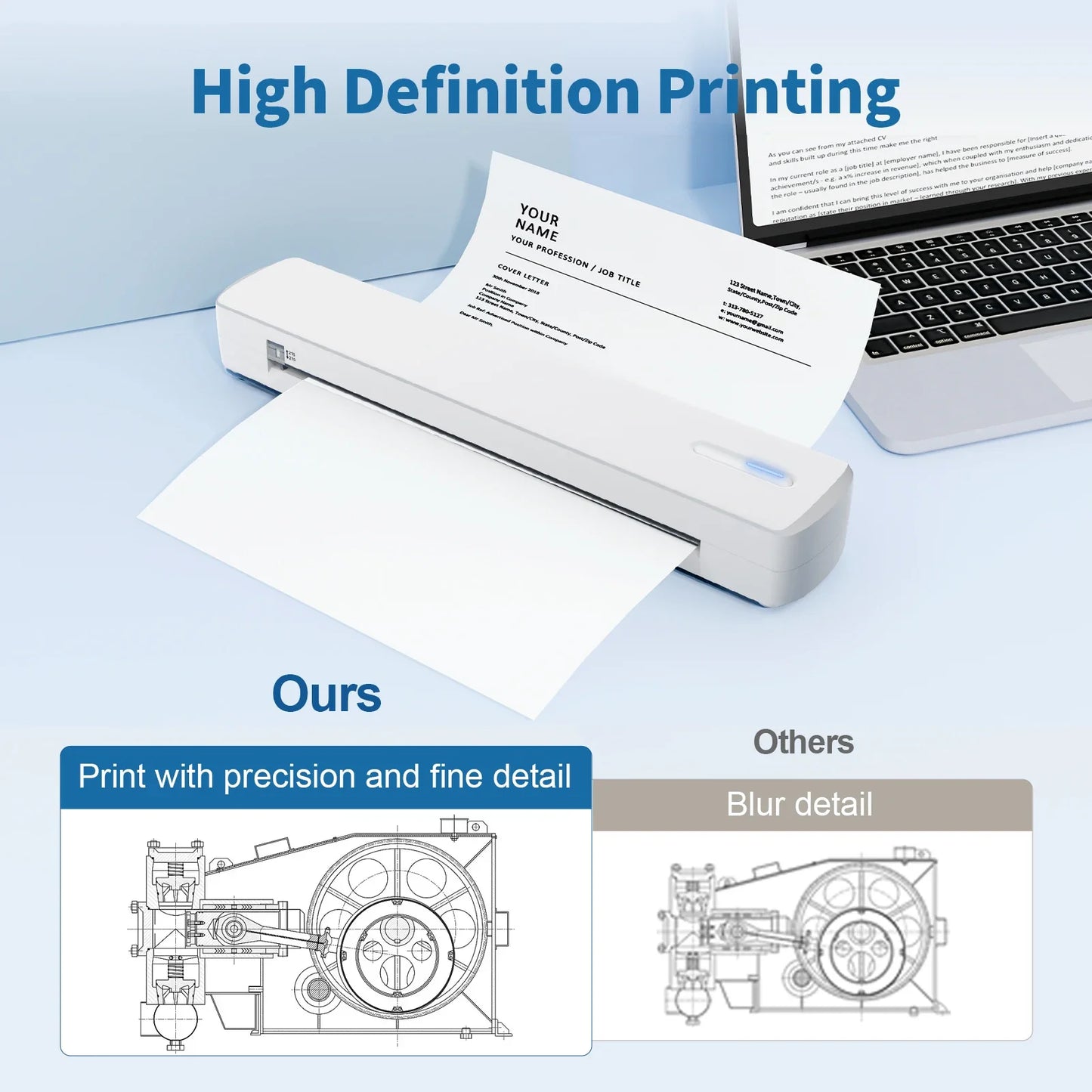 Thermal Printer Inkless Wireless A4 C80 300DPI 1500mAh BT Mobile Printing iOS/Android/Laptop