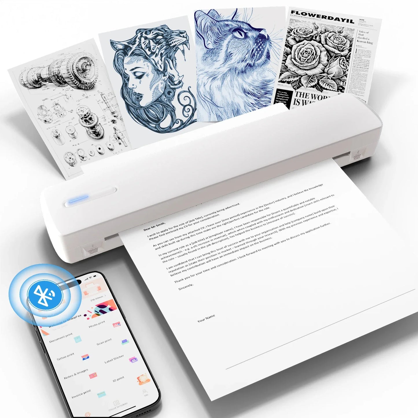Thermal Printer Inkless Wireless A4 C80 300DPI 1500mAh BT Mobile Printing iOS/Android/Laptop