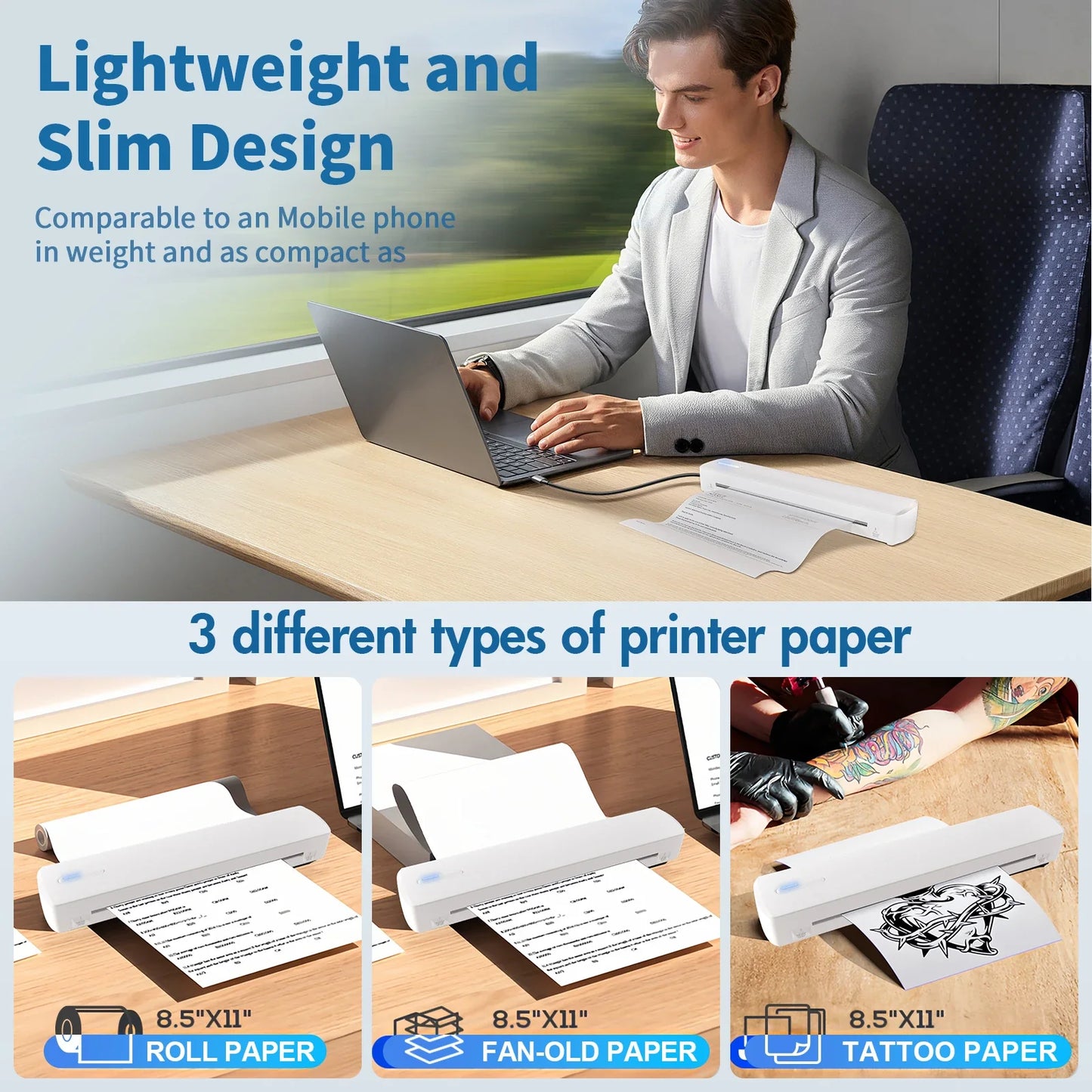 Thermal Printer Inkless Wireless A4 C80 300DPI 1500mAh BT Mobile Printing iOS/Android/Laptop